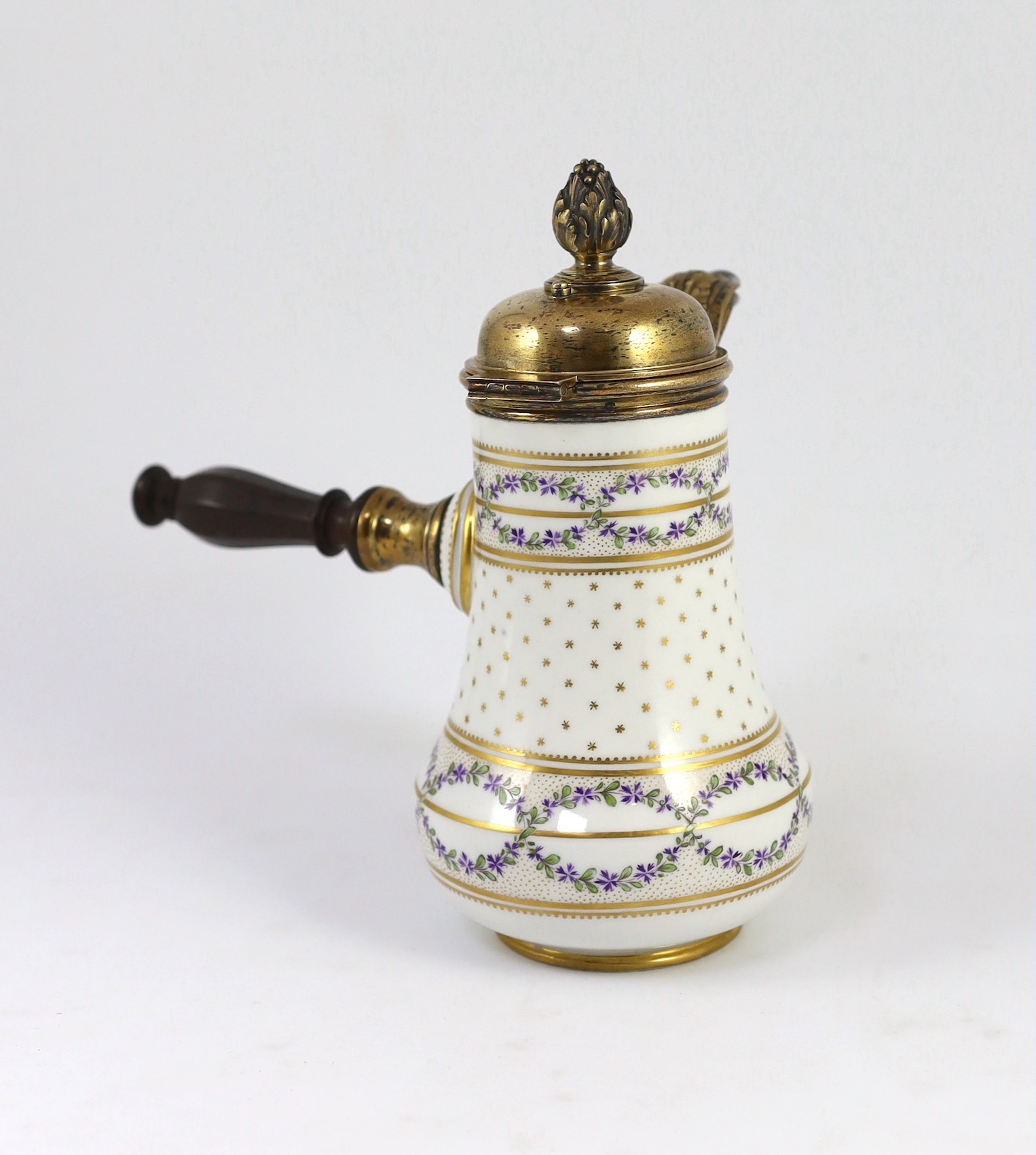 A 19th century Paris porcelain silver gilt mounted chocolate pot, 21 cm high